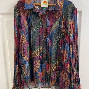 Farm Rio Women’s Dotted Macaws Pleated Button-Up Shirt Size Small